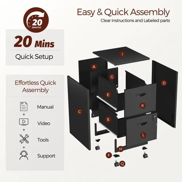 Alt view image 7 of 7 - Metal 2 Drawer File Cabinet with Lock & Wheels for Office,Black | Small Mobile File Cabinets for Home Office, Under Desk Vertical Rolling File Cabinet Fit Hanging Files, Letter & A4 Documents