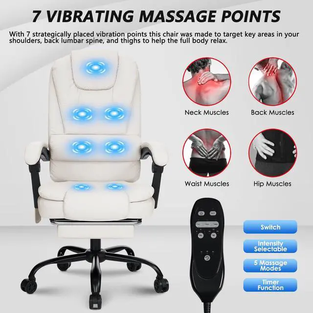 Alt view image 3 of 7 - Massage Office Chair with Foot Rest 7 Points Vibration,Beige | Ergonomic Executive Desk Chair Leather Computer Office Chair