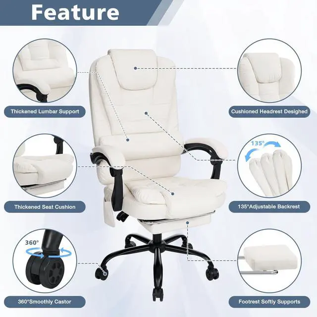 Alt view image 5 of 7 - Massage Office Chair with Foot Rest 7 Points Vibration,Beige | Ergonomic Executive Desk Chair Leather Computer Office Chair