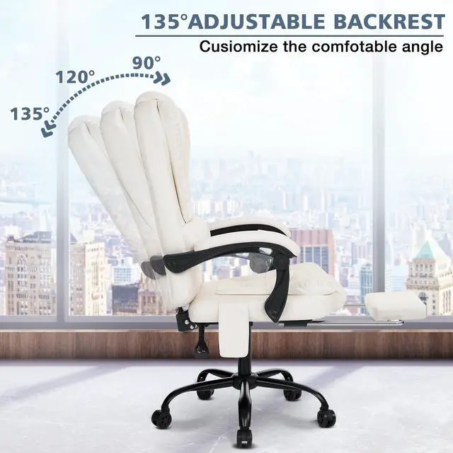 Alt view image 6 of 7 - Massage Office Chair with Foot Rest 7 Points Vibration,Beige | Ergonomic Executive Desk Chair Leather Computer Office Chair
