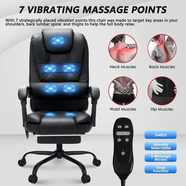 Alt view image 3 of 7 - Massage Office Chair with Foot Rest 7 Points Vibration,Black | Ergonomic Executive Desk Chair Leather Computer Office Chair