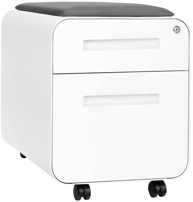 Main image of STOCKPILE Mini Seated 2 Drawer Mobile File Cabinet with Removable Magnetic Cushion Seat - Short Version, Metal Filing Cabinet, Pre-Assembled, White with Grey Cushion