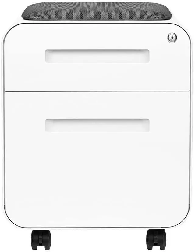 Alt view image 4 of 7 - STOCKPILE Mini Seated 2 Drawer Mobile File Cabinet with Removable Magnetic Cushion Seat - Short Version, Metal Filing Cabinet, Pre-Assembled, White with Grey Cushion