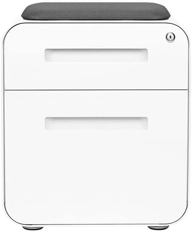Alt view image 6 of 7 - STOCKPILE Mini Seated 2 Drawer Mobile File Cabinet with Removable Magnetic Cushion Seat - Short Version, Metal Filing Cabinet, Pre-Assembled, White with Grey Cushion