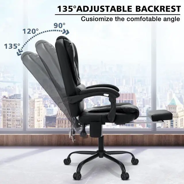 Alt view image 4 of 7 - Massage Office Chair with Foot Rest 7 Points Vibration,Black | Ergonomic Executive Desk Chair Leather Computer Office Chair