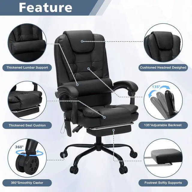 Alt view image 5 of 7 - Massage Office Chair with Foot Rest 7 Points Vibration,Black | Ergonomic Executive Desk Chair Leather Computer Office Chair