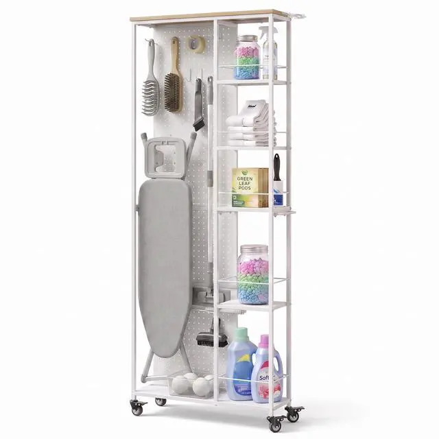 Main image of 8.3" W Slim Rolling Storage Cart, Narrow 5-Tier Laundry Cart with Wheels, Metal Laundry Room Shelves Trolley, Garage Shelving Cart, Pegboard Shelf Tool Organizers, White