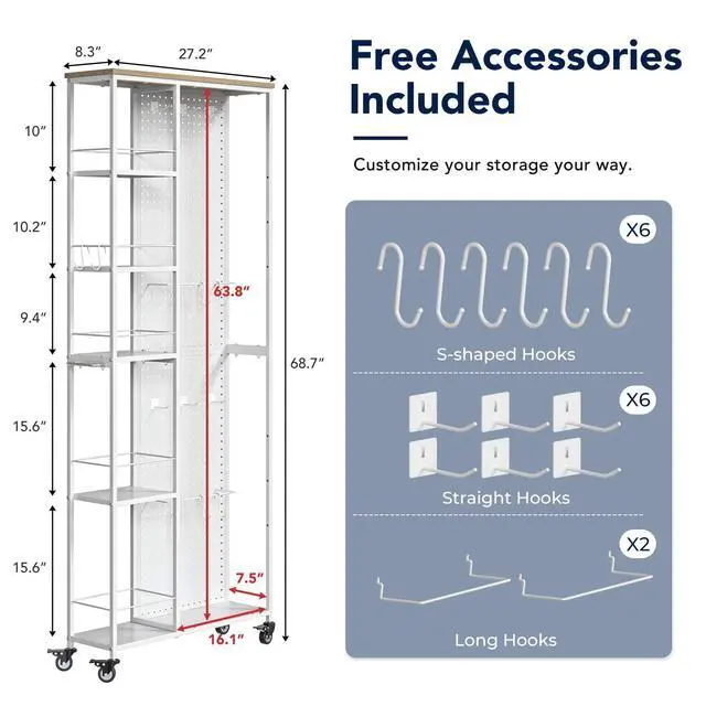 Alt view image 2 of 7 - 8.3" W Slim Rolling Storage Cart, Narrow 5-Tier Laundry Cart with Wheels, Metal Laundry Room Shelves Trolley, Garage Shelving Cart, Pegboard Shelf Tool Organizers, White