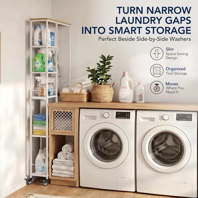 Alt view image 3 of 7 - 8.3" W Slim Rolling Storage Cart, Narrow 5-Tier Laundry Cart with Wheels, Metal Laundry Room Shelves Trolley, Garage Shelving Cart, Pegboard Shelf Tool Organizers, White