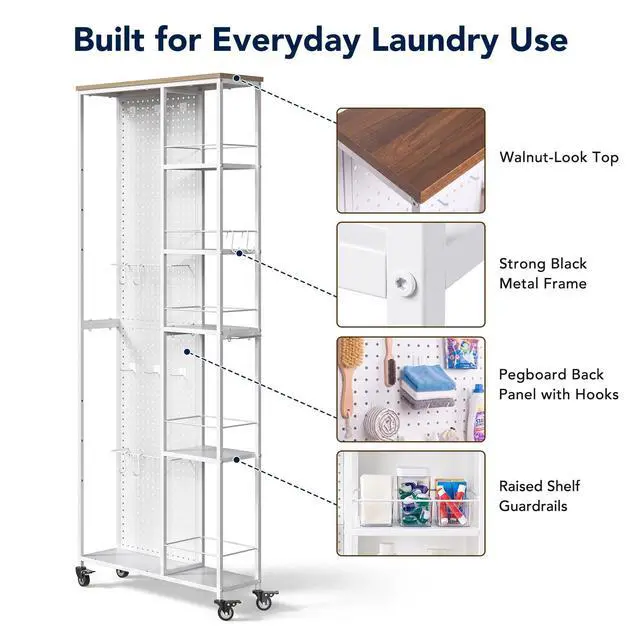 Alt view image 5 of 7 - 8.3" W Slim Rolling Storage Cart, Narrow 5-Tier Laundry Cart with Wheels, Metal Laundry Room Shelves Trolley, Garage Shelving Cart, Pegboard Shelf Tool Organizers, White