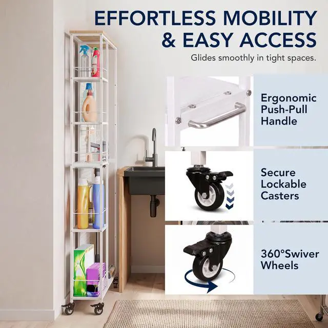 Alt view image 6 of 7 - 8.3" W Slim Rolling Storage Cart, Narrow 5-Tier Laundry Cart with Wheels, Metal Laundry Room Shelves Trolley, Garage Shelving Cart, Pegboard Shelf Tool Organizers, White