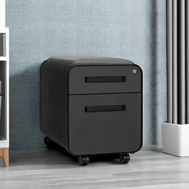 Alt view image 2 of 7 - STOCKPILE Mini Seated 2 Drawer Mobile File Cabinet with Removable Magnetic Cushion Seat - Short Version, Metal Filing Cabinet, Pre-Assembled, Black with Grey Cushion