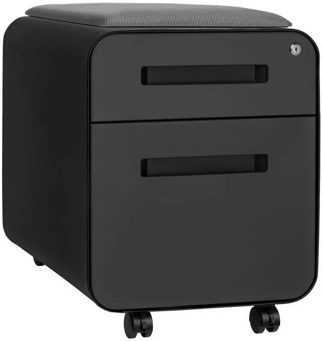 Main image of STOCKPILE Mini Seated 2 Drawer Mobile File Cabinet with Removable Magnetic Cushion Seat - Short Version, Metal Filing Cabinet, Pre-Assembled, Black with Grey Cushion