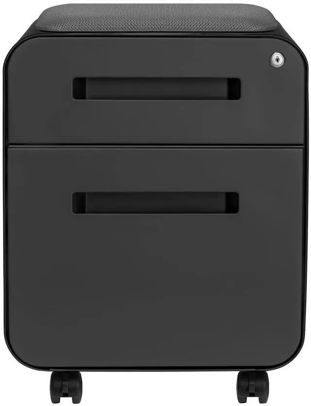 Alt view image 4 of 7 - STOCKPILE Mini Seated 2 Drawer Mobile File Cabinet with Removable Magnetic Cushion Seat - Short Version, Metal Filing Cabinet, Pre-Assembled, Black with Grey Cushion