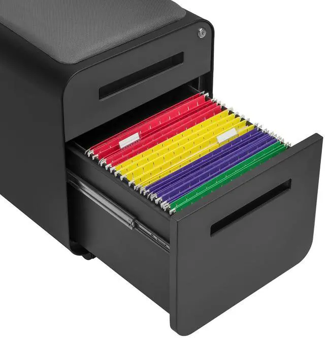 Alt view image 7 of 7 - STOCKPILE Mini Seated 2 Drawer Mobile File Cabinet with Removable Magnetic Cushion Seat - Short Version, Metal Filing Cabinet, Pre-Assembled, Black with Grey Cushion