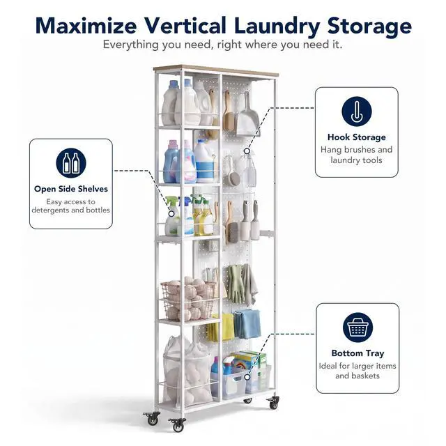 Alt view image 7 of 7 - 8.3" W Slim Rolling Storage Cart, Narrow 5-Tier Laundry Cart with Wheels, Metal Laundry Room Shelves Trolley, Garage Shelving Cart, Pegboard Shelf Tool Organizers, White