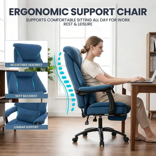 Alt view image 3 of 7 - Big and Tall Office Chair, 500LBS Ergonomic Executive Office Chair with Foot Rest, 155° Reclining High Back Gaming Desk Chair with Lumbar Support, Adjustable Headrest & Linked Armrests, Blue