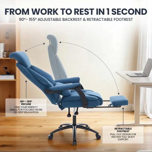 Alt view image 5 of 7 - Big and Tall Office Chair, 500LBS Ergonomic Executive Office Chair with Foot Rest, 155° Reclining High Back Gaming Desk Chair with Lumbar Support, Adjustable Headrest & Linked Armrests, Blue