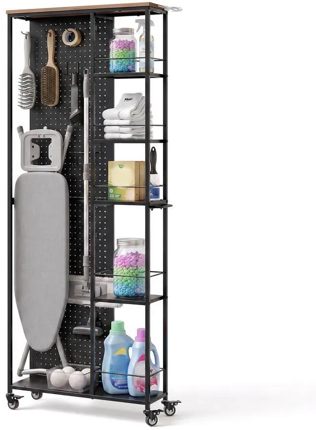 Main image of 8.3" W Slim Rolling Storage Cart, Narrow 5-Tier Laundry Cart with Wheels, Rolling Garage Storage Shelves,Pegboard Shelf Tool Organizers, Black