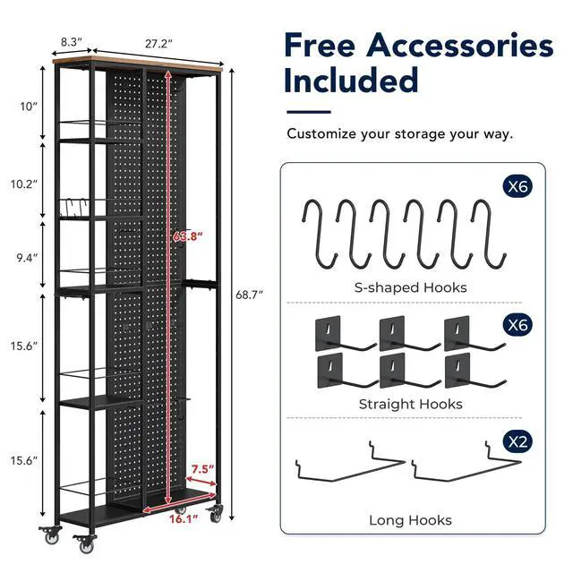 Alt view image 2 of 7 - 8.3" W Slim Rolling Storage Cart, Narrow 5-Tier Laundry Cart with Wheels, Rolling Garage Storage Shelves,Pegboard Shelf Tool Organizers, Black