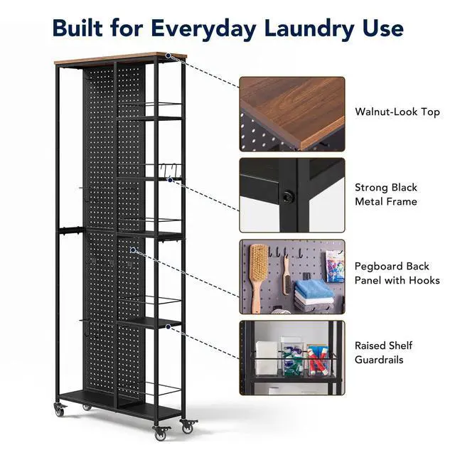 Alt view image 5 of 7 - 8.3" W Slim Rolling Storage Cart, Narrow 5-Tier Laundry Cart with Wheels, Rolling Garage Storage Shelves,Pegboard Shelf Tool Organizers, Black