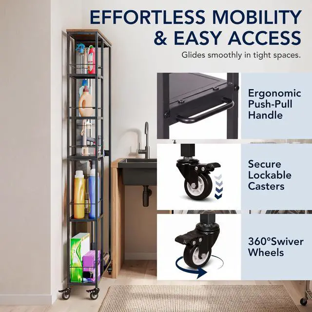 Alt view image 6 of 7 - 8.3" W Slim Rolling Storage Cart, Narrow 5-Tier Laundry Cart with Wheels, Rolling Garage Storage Shelves,Pegboard Shelf Tool Organizers, Black