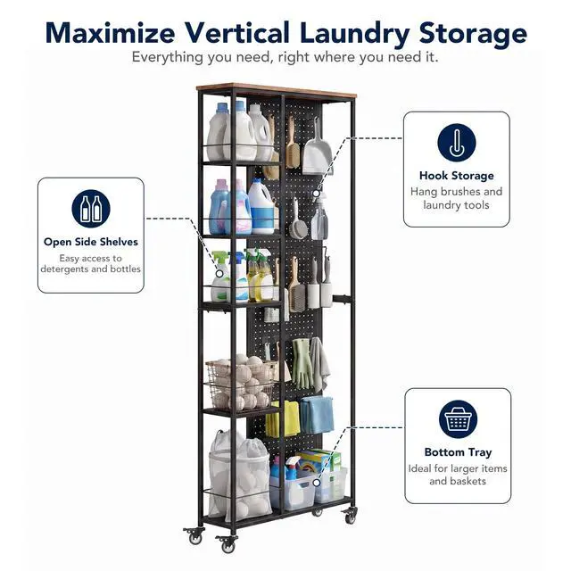 Alt view image 7 of 7 - 8.3" W Slim Rolling Storage Cart, Narrow 5-Tier Laundry Cart with Wheels, Rolling Garage Storage Shelves,Pegboard Shelf Tool Organizers, Black