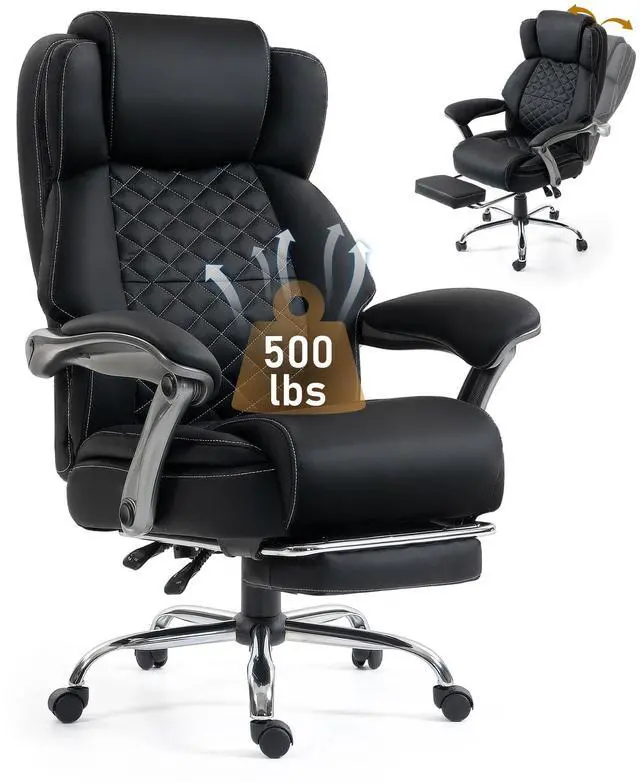 Main image of 500 lbs Office Chair with Foot Rest, Reclining Executive Chair Black | Big & Tall Computer Desk Chair, PU Ergonomic Lumbar Support, Thicker Pocket Spring Cushion, High Back