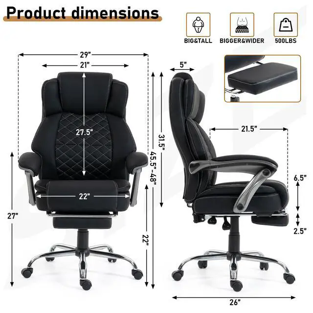 Alt view image 3 of 7 - 500 lbs Office Chair with Foot Rest, Reclining Executive Chair Black | Big & Tall Computer Desk Chair, PU Ergonomic Lumbar Support, Thicker Pocket Spring Cushion, High Back