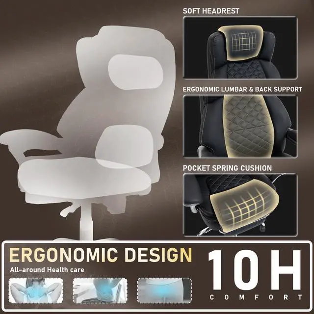 Alt view image 4 of 7 - 500 lbs Office Chair with Foot Rest, Reclining Executive Chair Black | Big & Tall Computer Desk Chair, PU Ergonomic Lumbar Support, Thicker Pocket Spring Cushion, High Back