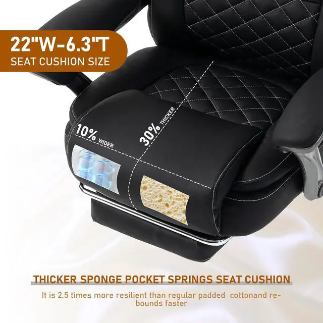 Alt view image 6 of 7 - 500 lbs Office Chair with Foot Rest, Reclining Executive Chair Black | Big & Tall Computer Desk Chair, PU Ergonomic Lumbar Support, Thicker Pocket Spring Cushion, High Back