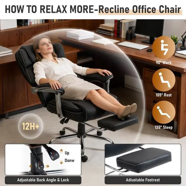 Alt view image 7 of 7 - 500 lbs Office Chair with Foot Rest, Reclining Executive Chair Black | Big & Tall Computer Desk Chair, PU Ergonomic Lumbar Support, Thicker Pocket Spring Cushion, High Back