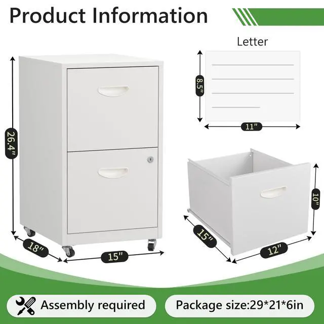 Alt view image 3 of 7 - 2 Drawer Rolling File Cabinet with Lock,Filing Cabinets for Home Office,Two Drawer File Cabinet, Mobile Under Desk Cabinets,Black Printer Stand with Wheels Fit Letter/A4,Assembly Required