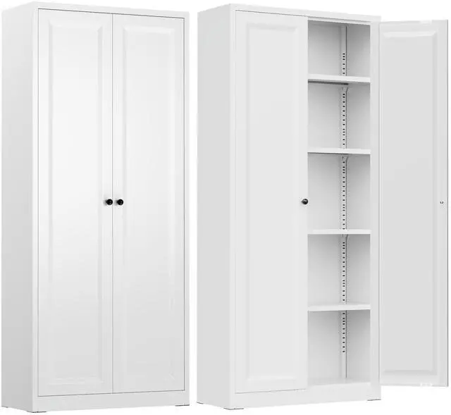 Main image of Metal Storage Cabinet with Magnetic Doors, 63" H Traditional European Style Metal Cabinets with 2 Doors and 4 Adjustable Shelves for Home Office, Kitchen, Bathroom (White)