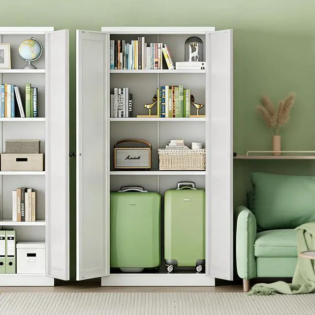 Alt view image 2 of 7 - Metal Storage Cabinet with Magnetic Doors, 63" H Traditional European Style Metal Cabinets with 2 Doors and 4 Adjustable Shelves for Home Office, Kitchen, Bathroom (White)