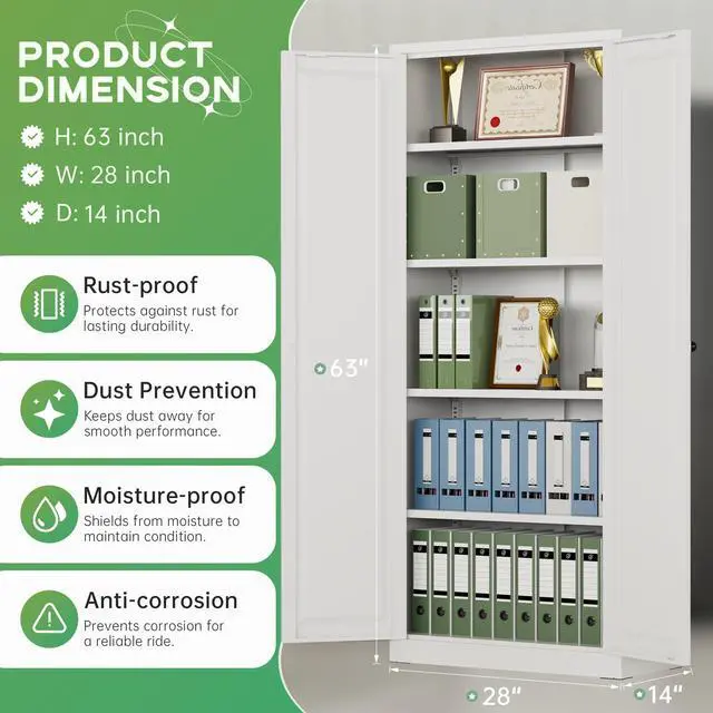 Alt view image 3 of 7 - Metal Storage Cabinet with Magnetic Doors, 63" H Traditional European Style Metal Cabinets with 2 Doors and 4 Adjustable Shelves for Home Office, Kitchen, Bathroom (White)
