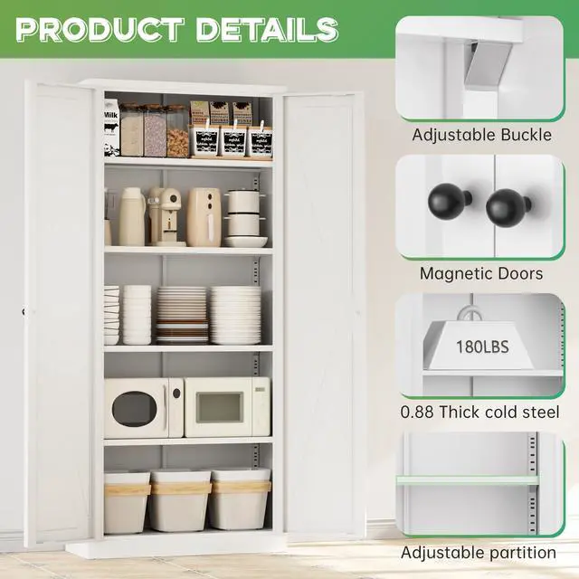 Alt view image 7 of 7 - Metal Storage Cabinet with Magnetic Doors, 63" H Traditional European Style Metal Cabinets with 2 Doors and 4 Adjustable Shelves for Home Office, Kitchen, Bathroom (White)