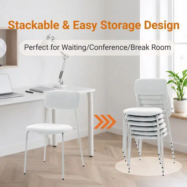 Alt view image 6 of 7 - Stackable Armless Chairs Set of 4, Small Upholstered White Chairs | Easy to Stack, Breathable Fabric Cushion, Armless Design, Support 300LBS, Use for Waiting Office Break Room Lobby