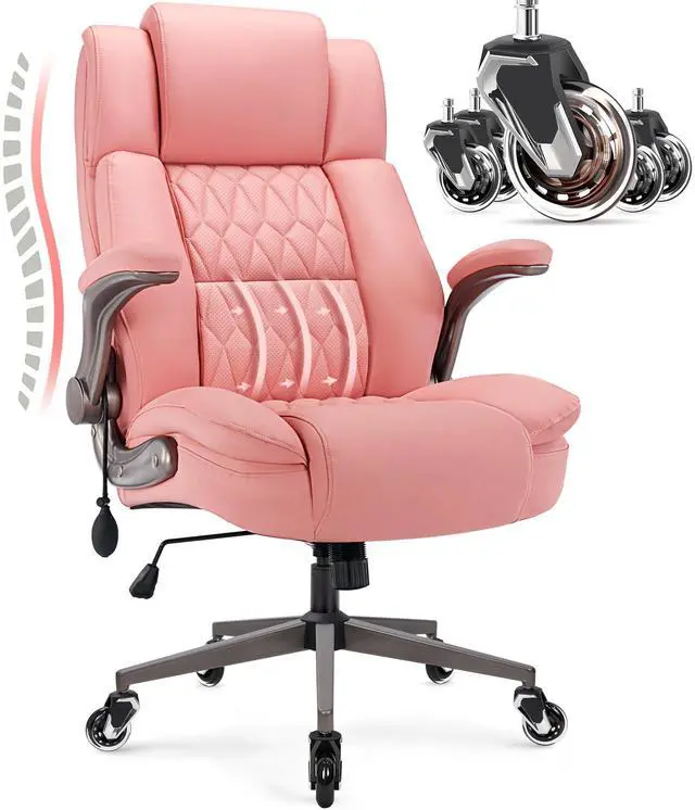 Main image of Large High Back Office Chair - Adjustable Lumbar Support Flip Up Arms Heavy Duty Quiet Wheels Metal Base Breathable Bonded Leather Ergonomic Executive Computer Desk Chair with Storage Bags, Pink