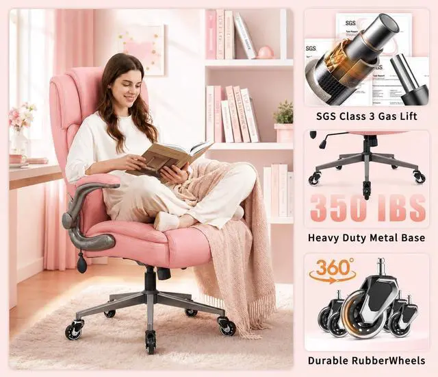 Alt view image 5 of 7 - Large High Back Office Chair - Adjustable Lumbar Support Flip Up Arms Heavy Duty Quiet Wheels Metal Base Breathable Bonded Leather Ergonomic Executive Computer Desk Chair with Storage Bags, Pink