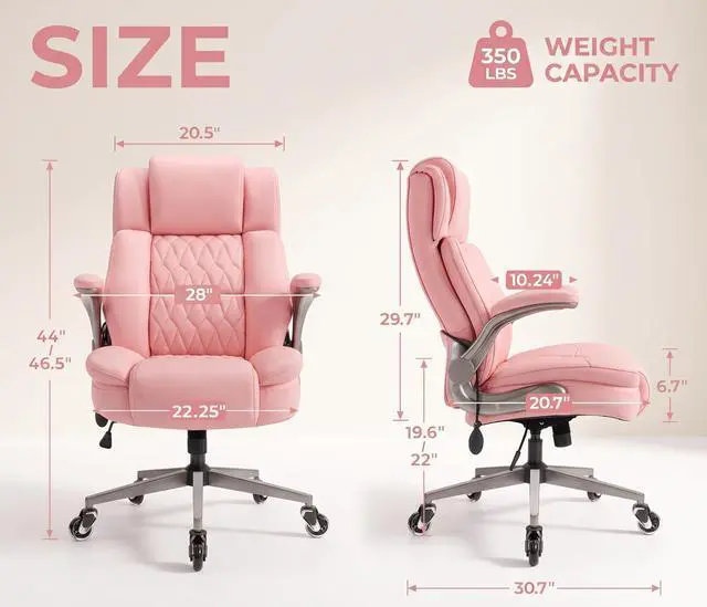 Alt view image 3 of 7 - Large High Back Office Chair - Adjustable Lumbar Support Flip Up Arms Heavy Duty Quiet Wheels Metal Base Breathable Bonded Leather Ergonomic Executive Computer Desk Chair with Storage Bags, Pink