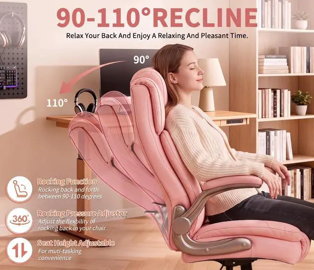 Alt view image 4 of 7 - Large High Back Office Chair - Adjustable Lumbar Support Flip Up Arms Heavy Duty Quiet Wheels Metal Base Breathable Bonded Leather Ergonomic Executive Computer Desk Chair with Storage Bags, Pink