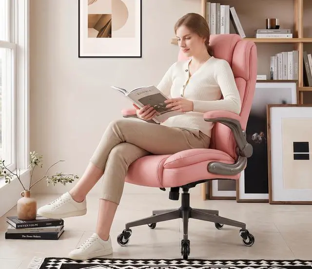 Alt view image 2 of 7 - Large High Back Office Chair - Adjustable Lumbar Support Flip Up Arms Heavy Duty Quiet Wheels Metal Base Breathable Bonded Leather Ergonomic Executive Computer Desk Chair with Storage Bags, Pink