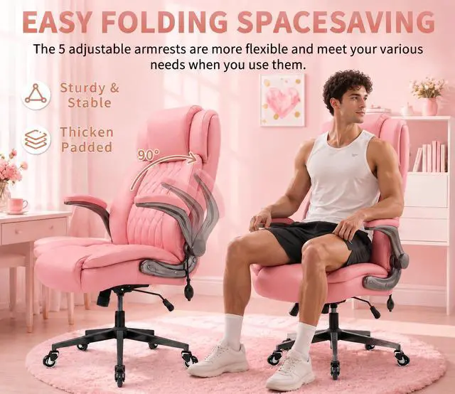 Alt view image 6 of 7 - Large High Back Office Chair - Adjustable Lumbar Support Flip Up Arms Heavy Duty Quiet Wheels Metal Base Breathable Bonded Leather Ergonomic Executive Computer Desk Chair with Storage Bags, Pink