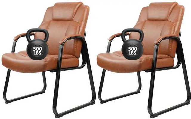 Main image of Guest Chair Big & Tall 500 lbs, PU Leather Office Reception Chairs, Sled Base, No Wheels, Brown, Set of 2 for Waiting Room, Conference, Lobby, Living Room