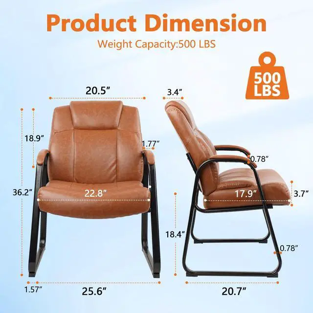 Alt view image 3 of 7 - Guest Chair Big & Tall 500 lbs, PU Leather Office Reception Chairs, Sled Base, No Wheels, Brown, Set of 2 for Waiting Room, Conference, Lobby, Living Room