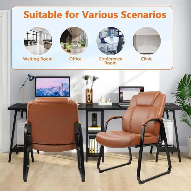 Alt view image 4 of 7 - Guest Chair Big & Tall 500 lbs, PU Leather Office Reception Chairs, Sled Base, No Wheels, Brown, Set of 2 for Waiting Room, Conference, Lobby, Living Room