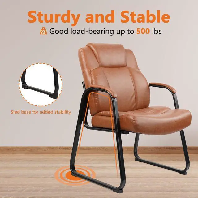 Alt view image 5 of 7 - Guest Chair Big & Tall 500 lbs, PU Leather Office Reception Chairs, Sled Base, No Wheels, Brown, Set of 2 for Waiting Room, Conference, Lobby, Living Room