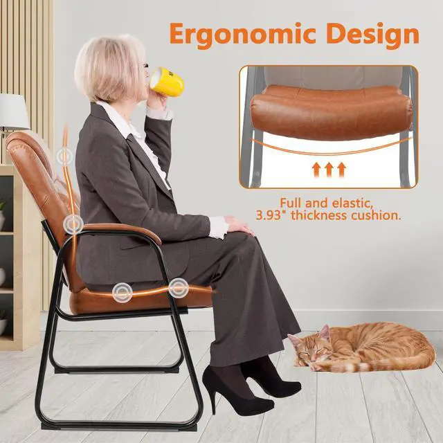 Alt view image 6 of 7 - Guest Chair Big & Tall 500 lbs, PU Leather Office Reception Chairs, Sled Base, No Wheels, Brown, Set of 2 for Waiting Room, Conference, Lobby, Living Room