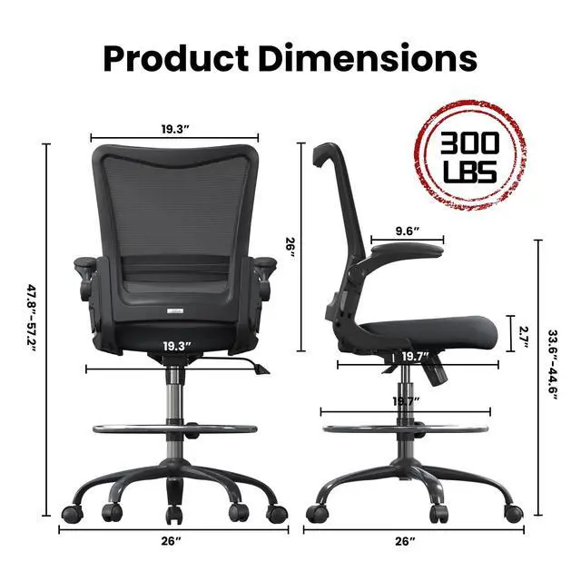 Alt view image 2 of 7 - Drafting Chair Tall Office Chair for Standing Desk with Up & Down Flip-Up Armrest, 9 Adjustable Height High Desk Chair with Footrest Ring, 120° Recline Mesh Ergonomic Chair, 300 lbs